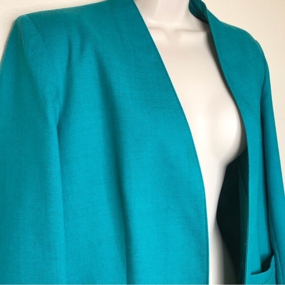 Vintage Tan Jay Div of Nygard Linen Blend Teal Open Front Blazer Jacket Women 12 - Picture 2 of 13
